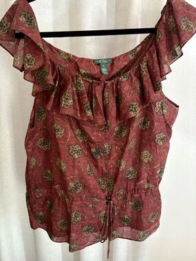 Lauren Ralph Lauren blouse cotton gauze ruffle romantic drawstring waist size XL